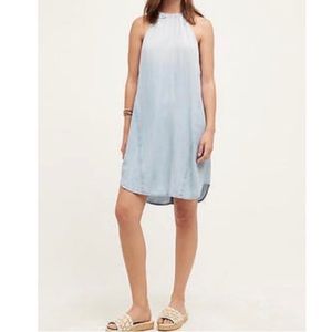 Anthro ombré light blue chambray halter midi dress w/ drawstring neck Sz L